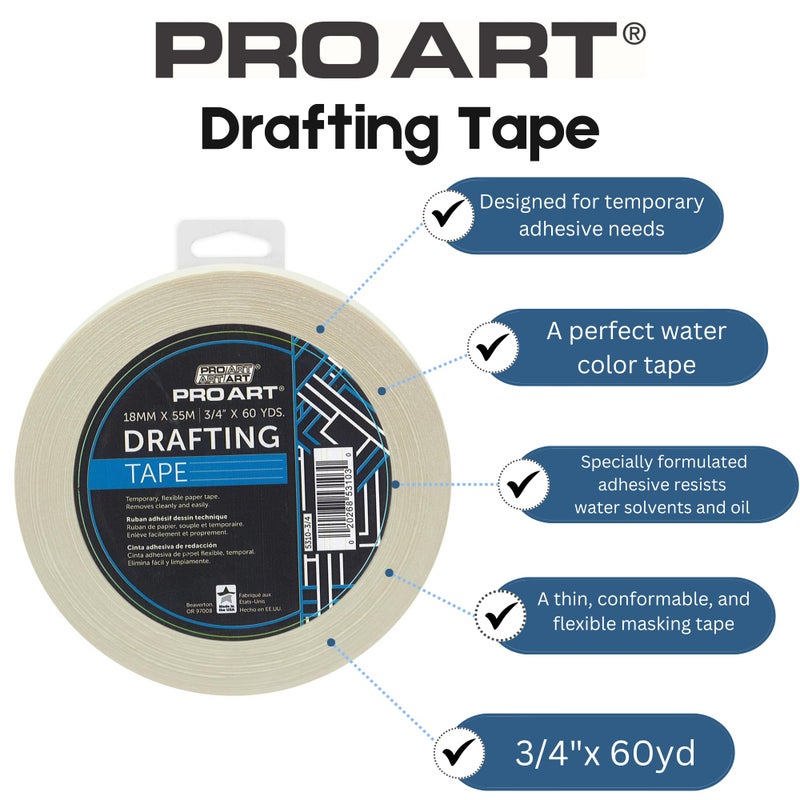 PRO ART Low Tack Drafting Tape, 3/4-inch x 60-Yard Roll, Natural - Image 2